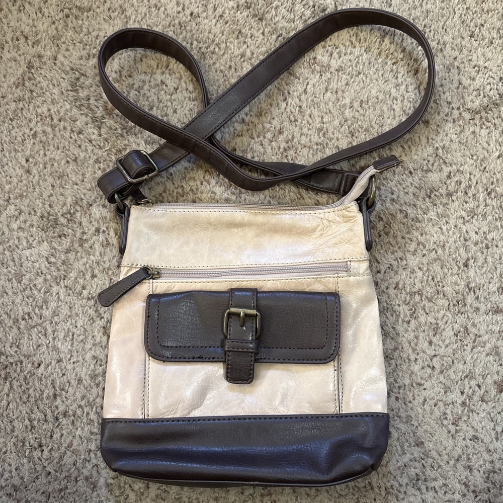 Stone & Co Leather Cross Body Purse Handbag Brown Leather Two Tone Zipper